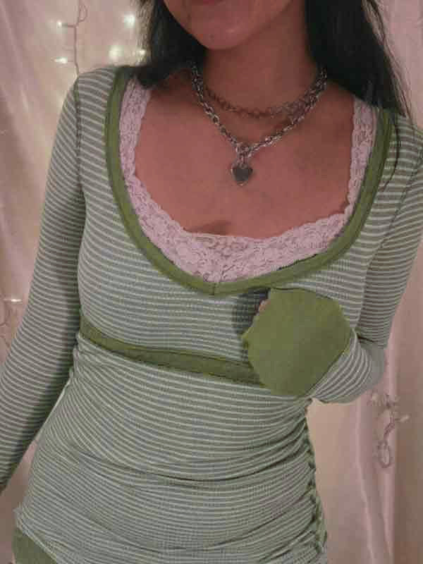 Stripe Patchwork U Neck Slim Long Sleeve Knit