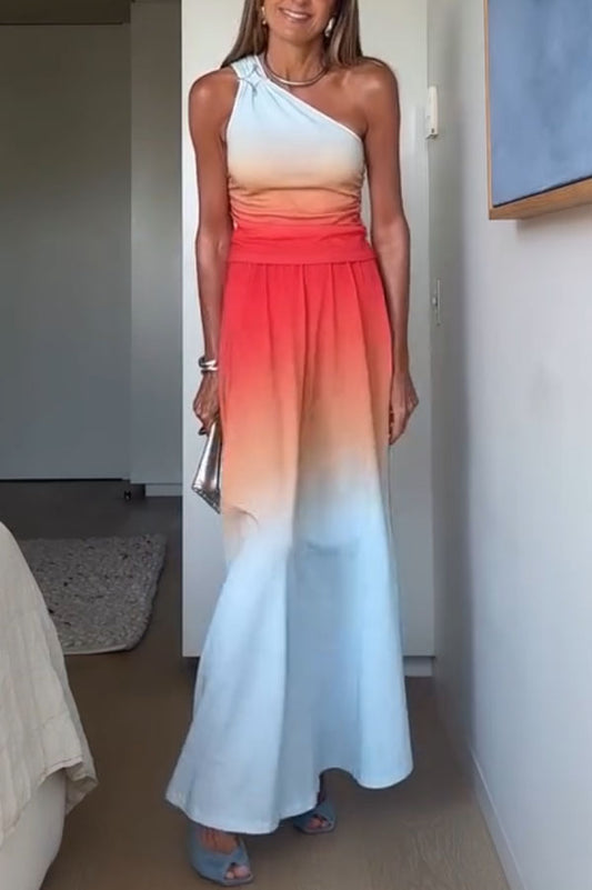 Ocean Sunset Ombré Print Starburst Brooch One Shoulder Tank and Elastic Waist Slit Maxi Skirt Set