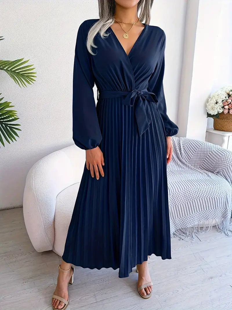 Bishop Sleeve Accordion-Pleated Wrap V-Neck Belted Maxi Dress