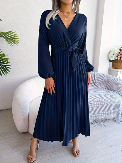 Bishop Sleeve Accordion-Pleated Wrap V-Neck Belted Maxi Dress