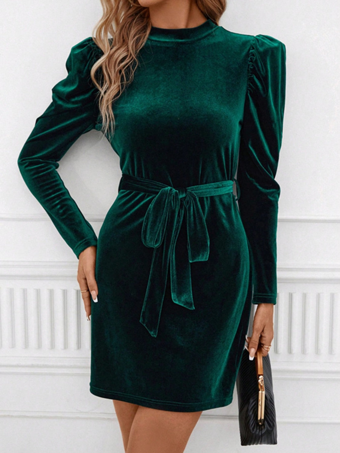 Velvet Mock Neck Puff Sleeve Tie-Waist Belted Mini Dress