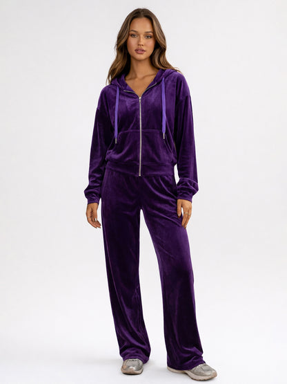 Velour Wide Leg Casual Fit Tracksuit For Women 2026