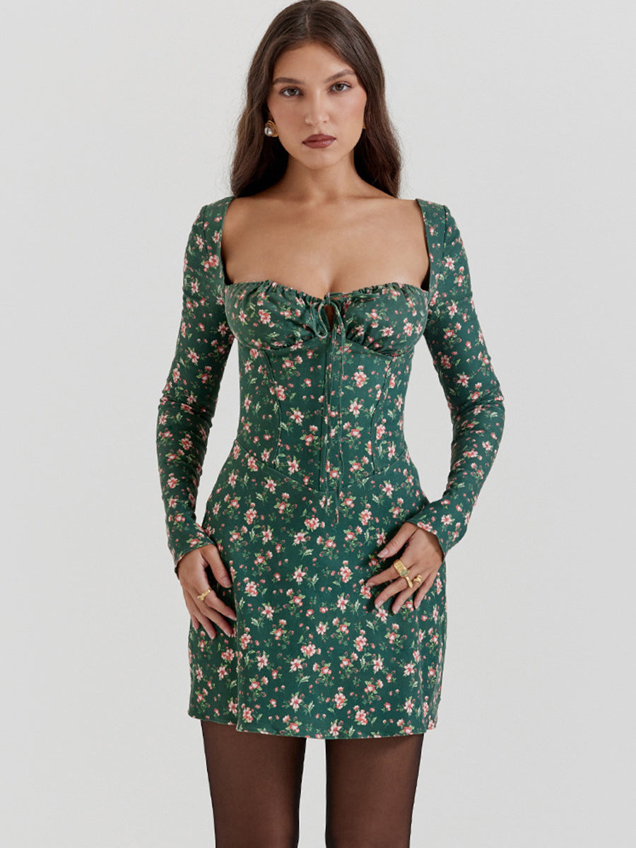 Sweet Sheath Dress Mini Floral Square Neck Long Sleeves Lace-up Mini Dresses