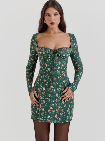 Sweet Sheath Dress Mini Floral Square Neck Long Sleeves Lace-up Mini Dresses