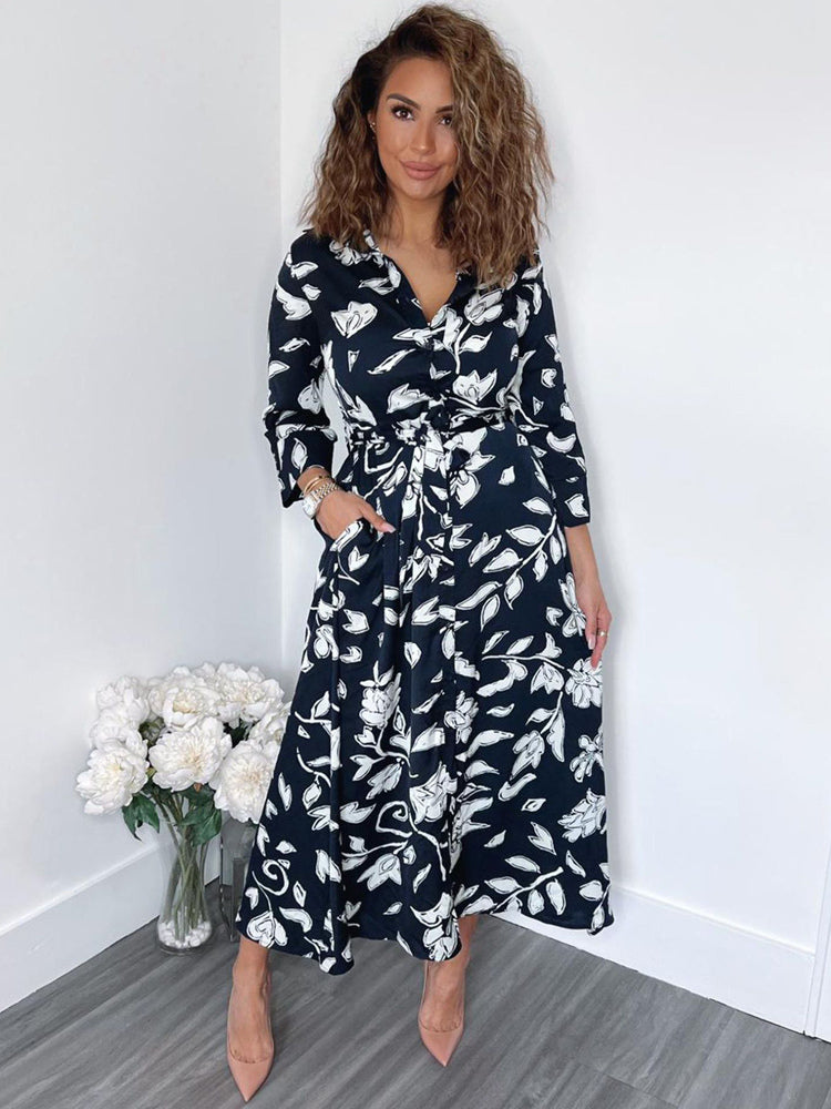 Shirt Midi Dress Green Turndown Collar Split Front Long Sleeves Geometric Layered Dress