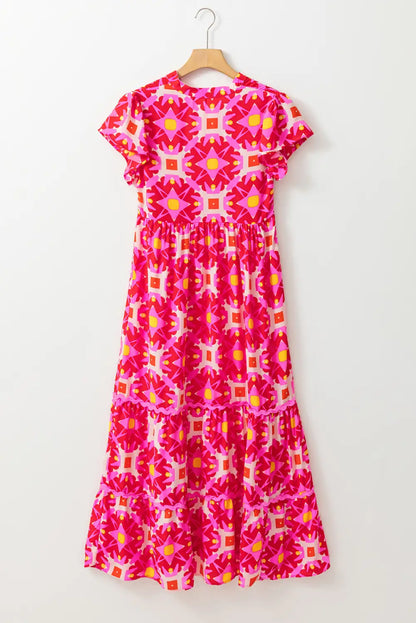 vibrant strawberry pink geo print maxi dress