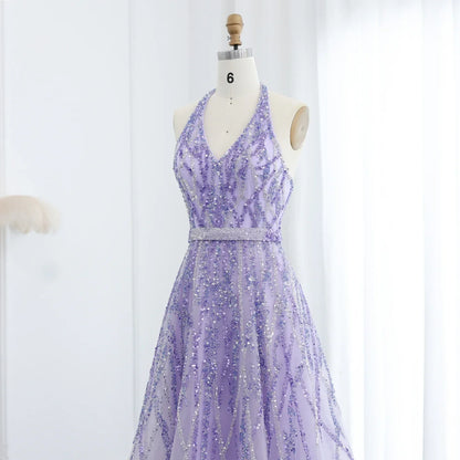 Beaded Halter A-Line Tulle Evening Dresses