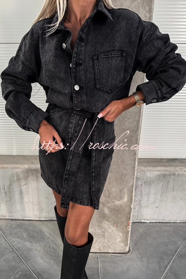 Adele Denim Button Up Belt Pocketed Long Sleeve Mini Dress