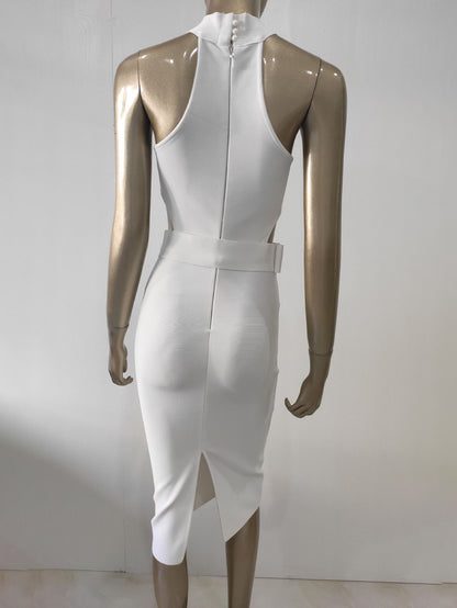 Textured Bodycon Dress Halter Sleeveless Cutout Velted Party Midi Dresses