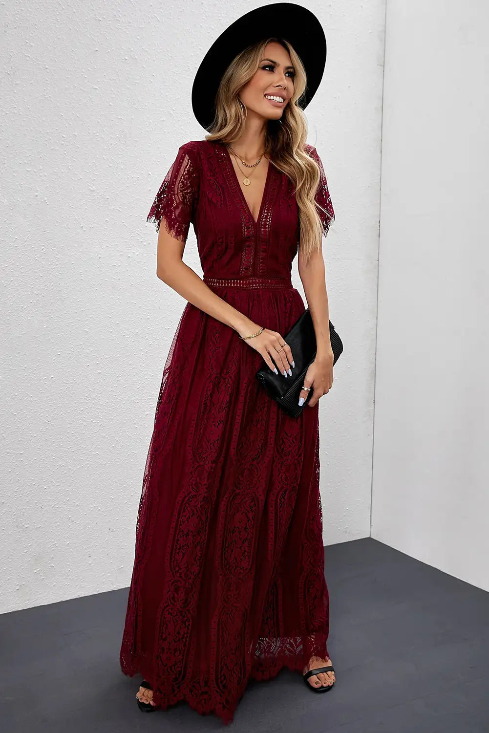 fiery red lace maxi dress