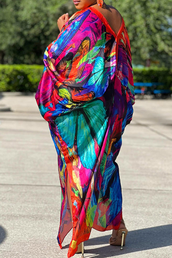 Sexy Plus Size Satin Print V-neck Batwing Sleeve Slit Loose Maxi Dress
