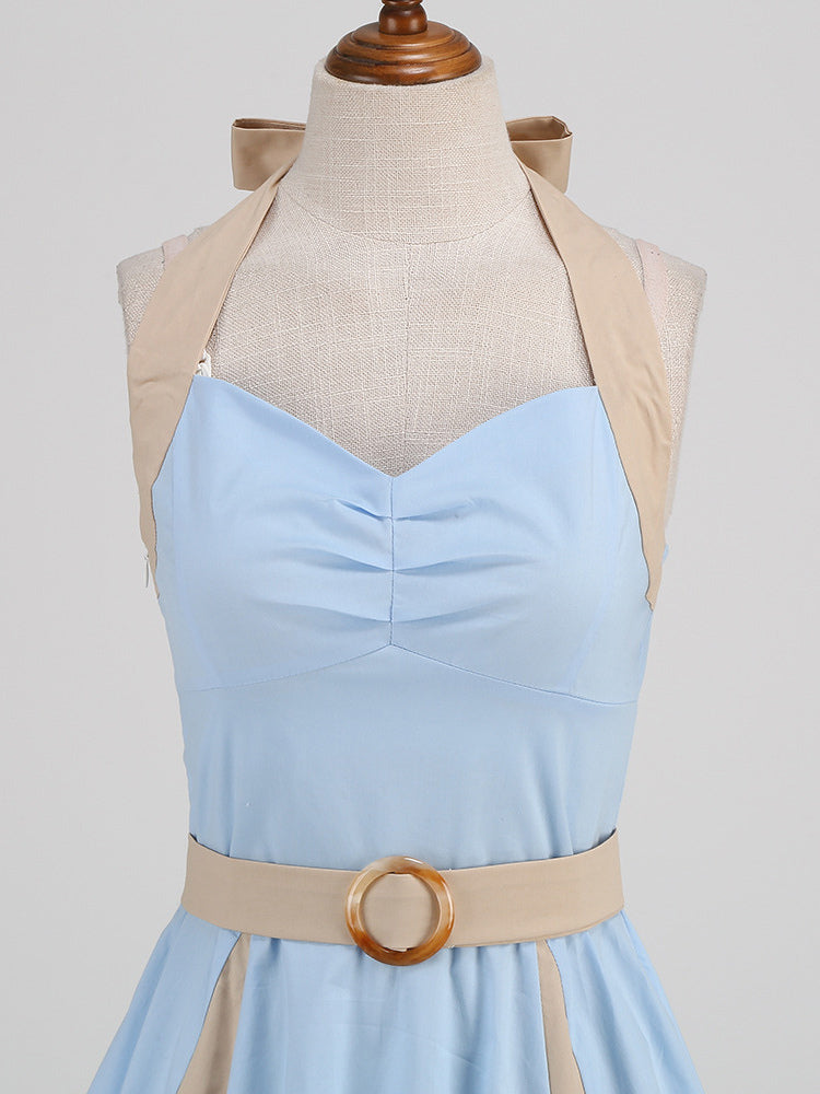 Retro Dress Halter Pleated Ring Detail Two-Tone A-Line Midi Dress
