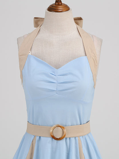 Retro Dress Halter Pleated Ring Detail Two-Tone A-Line Midi Dress