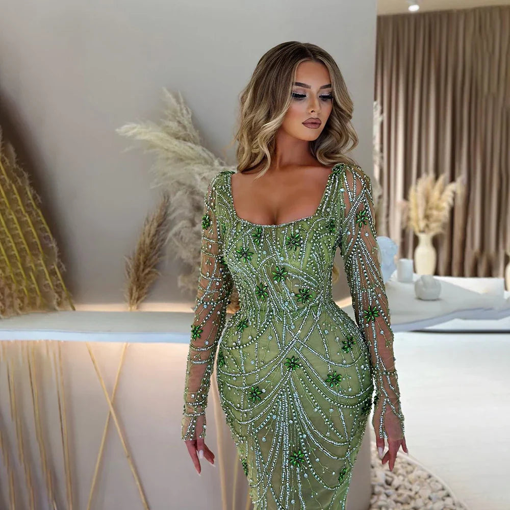 Green Mermaid Square Neckline Tulle Party Dress
