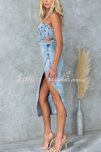Felicia Washed Denim Princess Seams Cutout Waist Back Zipper Stretch Midi Dress