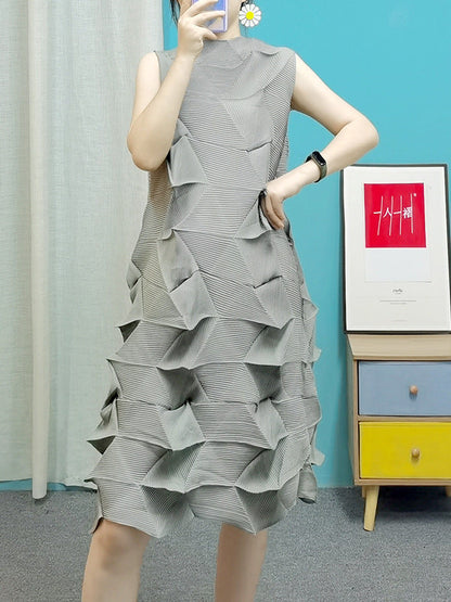 Casual Sleeveless Irregularity Pleated Solid Color Stand Collar Midi Dresses