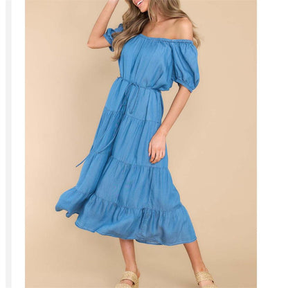 Solid Color Thin Waist Denim Maxi Dress in Blue