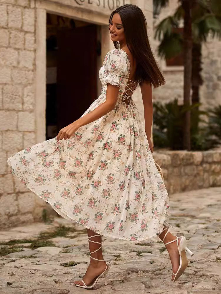 Corset Dress Square Neck Ruffles Lace Up Back Summer Casual Midi Dresses
