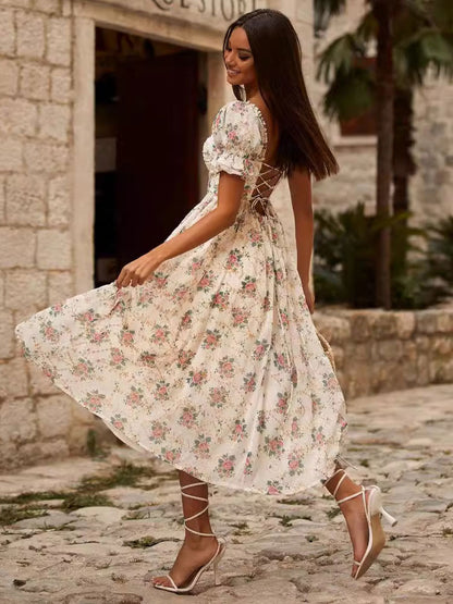 Corset Dress Square Neck Ruffles Lace Up Back Summer Casual Midi Dresses