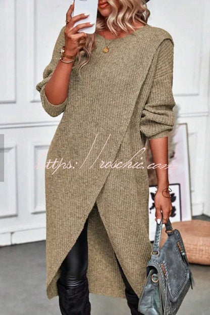 Essence Solid Wrap Hem Knitted Long Sleeve Midi Sweater