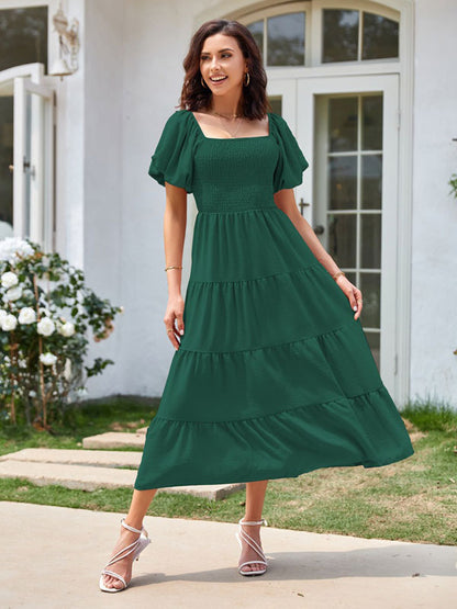 Summer Midi Dress Pink Bateau Neck Pleated Beach Dress
