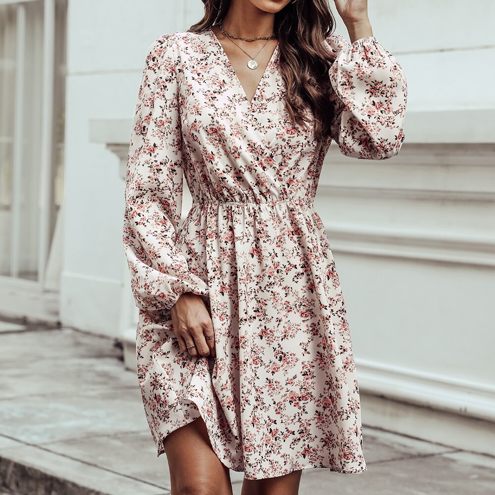 Ditsy Floral Square-Back Long Puff Sleeve Smocked Waist A-Line Mini Dress