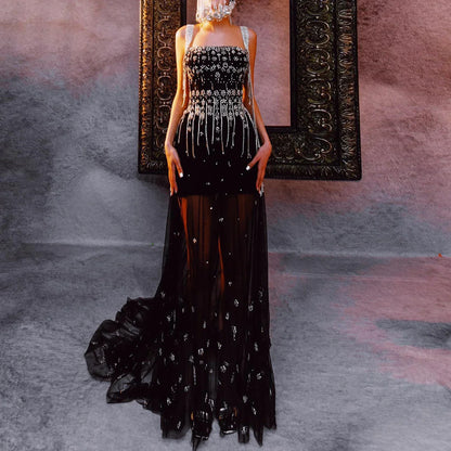 Crystal Tassel Black Evening Dress with Straps / Cape Strapless