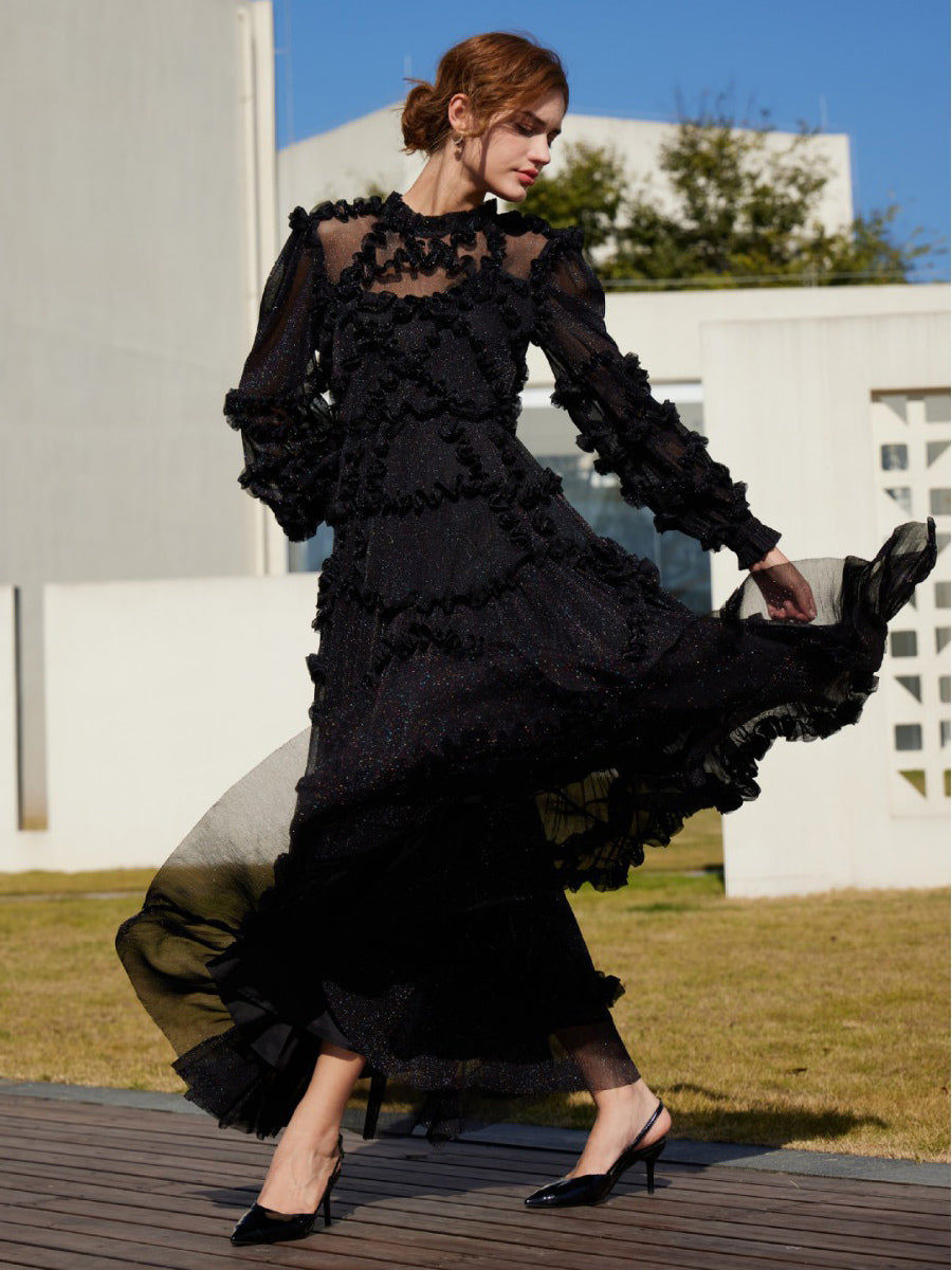 Ruffles Dress Illusion Long Sleeves High Collar Tulle Party Maxi Dresses