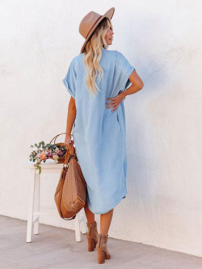 Shirt Midi Dress Light Sky Blue V-Neck Short Sleeves Dress