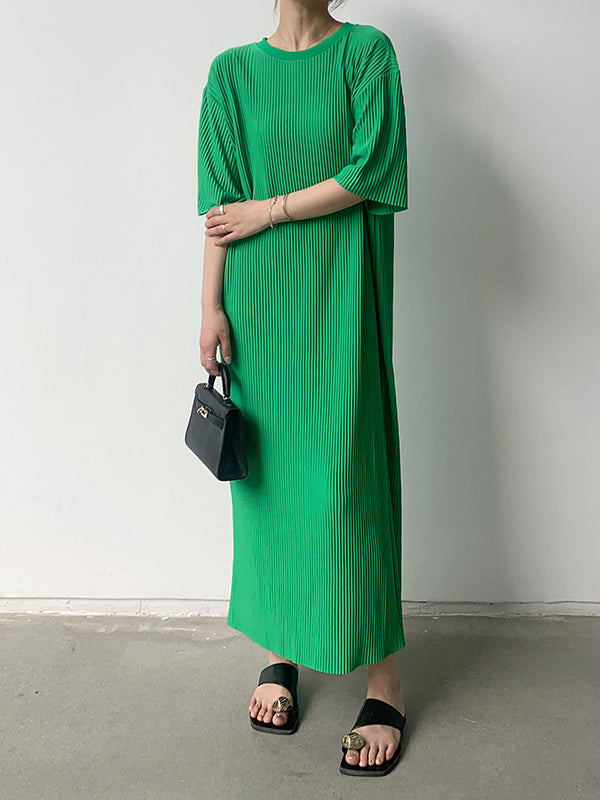 Half Sleeves Loose Pleated Solid Color Round-Neck Midi Dresses