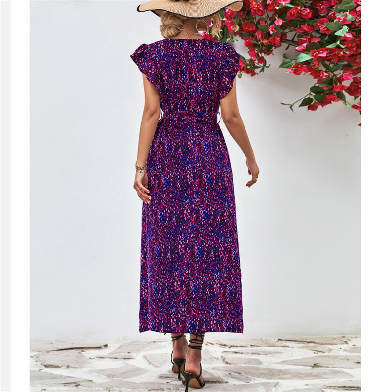 Stylish V-Neck Split Print Maxi Dress Available in Colors