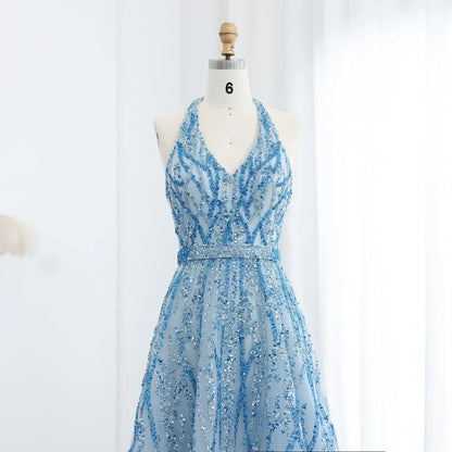 Beaded Halter A-Line Tulle Evening Dresses