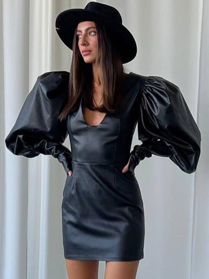Leather Effect Sheath Dress Puff Sleeves V-Neck Sexy Mini Dresses