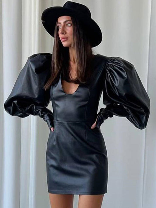 Leather Effect Sheath Dress Puff Sleeves V-Neck Sexy Mini Dresses
