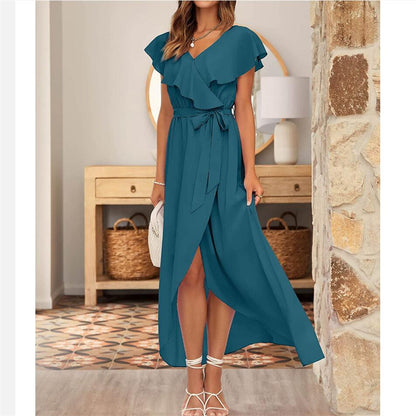 V-Neck Ruffle Short Sleeve Maxi Dress in Multiple Colors