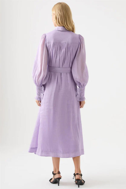 Solid Lantern Sleeve Frill Midi Dress With Belt Purple