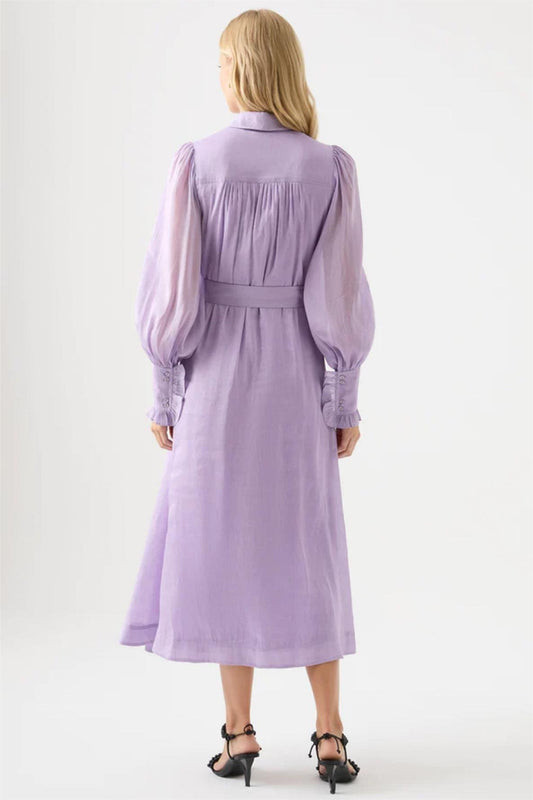 Solid Lantern Sleeve Frill Midi Dress With Belt Purple