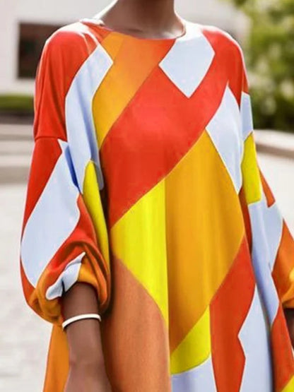 A-Line Long Sleeves Contrast Color Elasticity Printed Split-Joint Round-Neck Midi Dresses