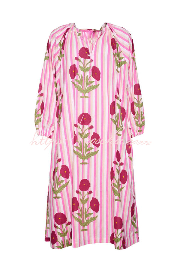 Lara Linen Blend Floral Stripe Print Button Up Belt Pocketed Kaftan Midi Dress