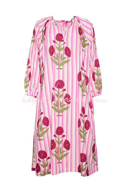 Lara Linen Blend Floral Stripe Print Button Up Belt Pocketed Kaftan Midi Dress