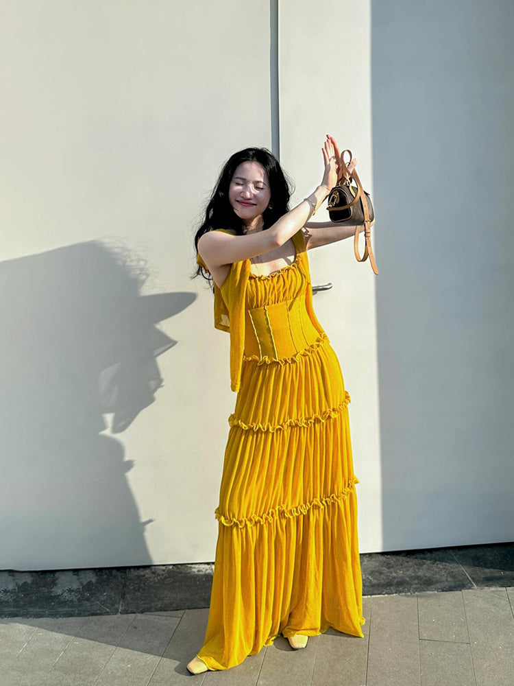 Mustard Yellow Ruched Ruffle Maxi Dress – Chic & Bright Summer Statement