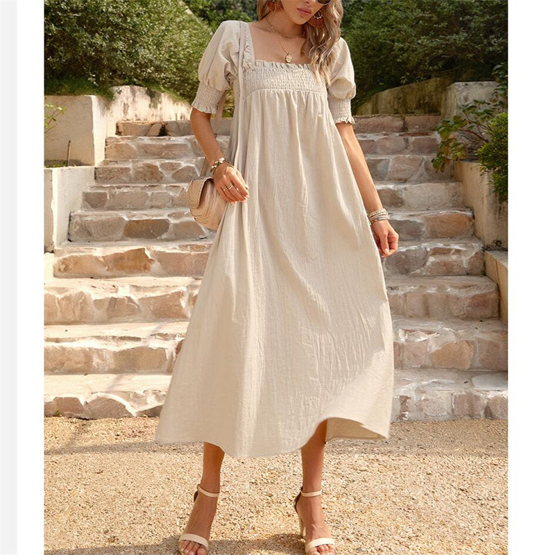 Solid Color Square Neck Maxi Dress in Apricot Green Khaki Orange