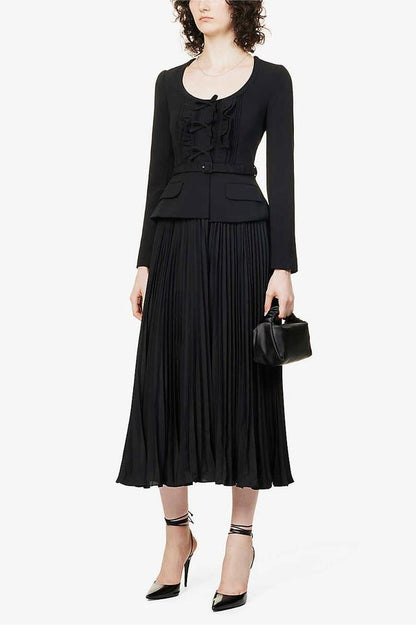 Solid Bow Pleated Long Sleeve Midi Dress With Belt