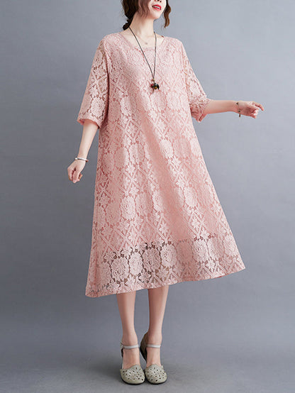 Casual Half Sleeves Loose Solid Color Round-Neck Midi Dresses
