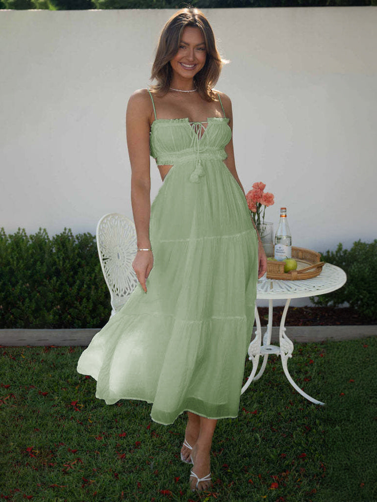 White Dress Tiered Spaghetti Strap Cutout Lace Up Summer Casual Midi Dresses