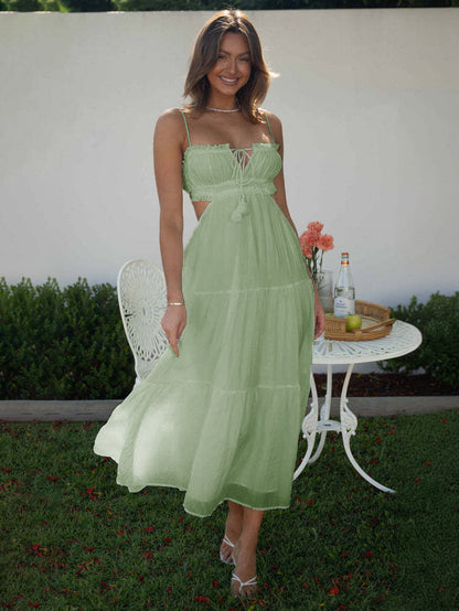 White Dress Tiered Spaghetti Strap Cutout Lace Up Summer Casual Midi Dresses