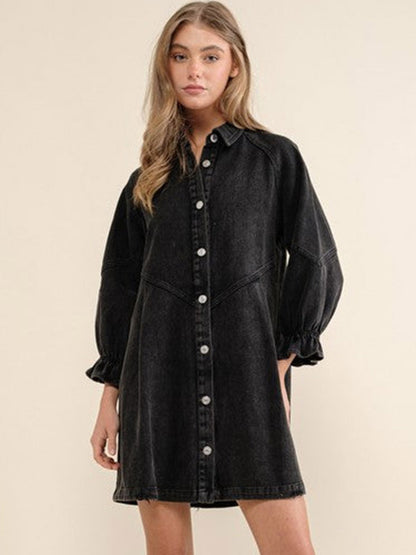 Gathered Sleeves Dresses Front Buttons Solid Color Mini Dress