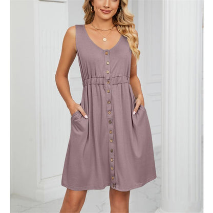 Solid Color Sleeveless Mini Dress with Button Details