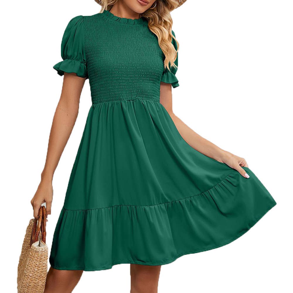 Short Sleeve Pleated Round Neck Midi Dress for Every Occasion