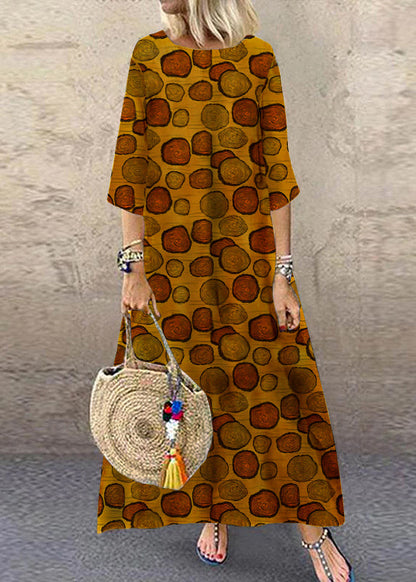 Women Yellow O-Neck Plaid Maxi Dresses Half Sleeve